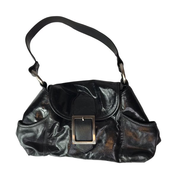 Kenneth Cole Reaction Leather Purse Shoulder Bag Black Silver Buckle Magnetic Cl - Picture 1 of 11